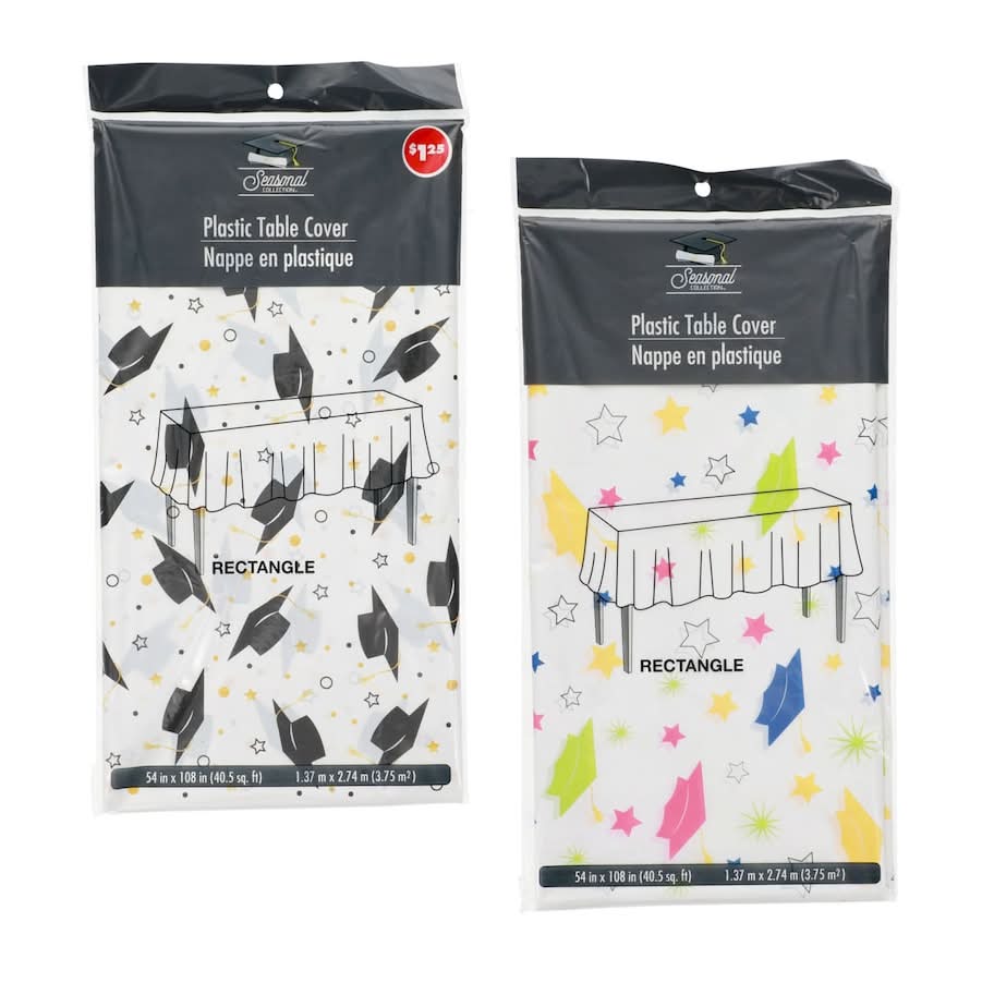 Seasonal Collection Graduation Cap Pattern Printed Plastic Table Cover, 1 ct.