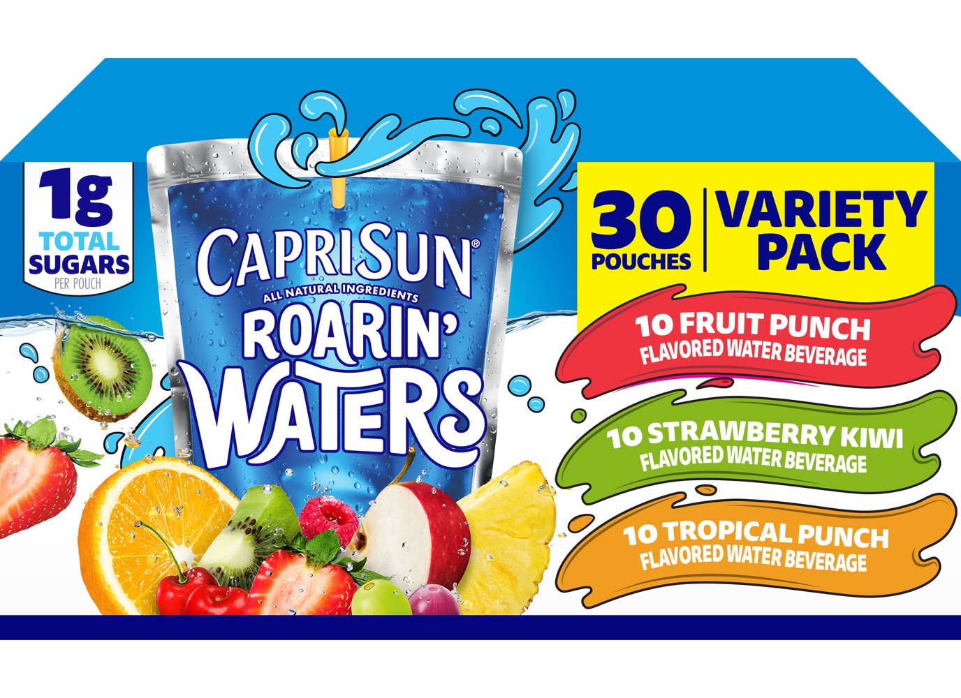 Capri Sun Roarin' Flavored Water Beverage Variety pack, Fruit Punch-Strawberry Kiwi-Tropical Punch (30 x 6 fl oz)