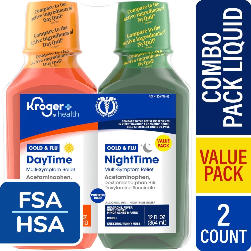 Kroger Multi-Symptom Day Time & Night Time Cold & Flu Liquid Medicine (24 fl oz, 2 ct)