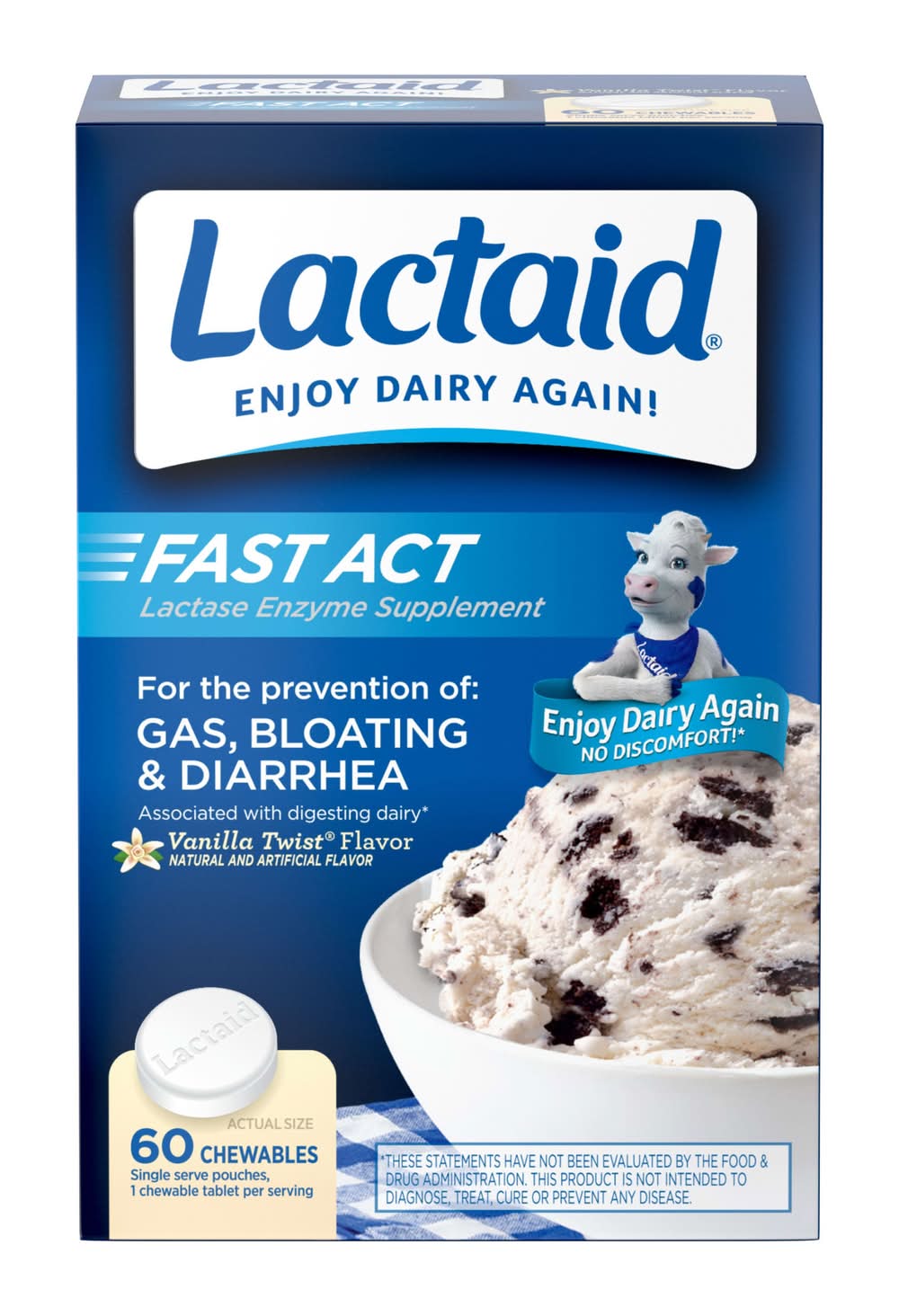 Lactaid Fast Act Lactase Enzyme Chewable Tablets, Vanilla Twist (60 ct)