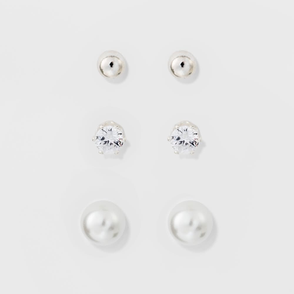 A New Day Stud Earring Set, Silver-White (3 ct)