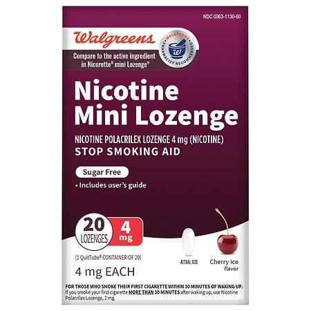 Walgreens Mini Nicotine Polacrilex Lozenge, 4 mg, Stop Smoking Aid Cherry Ice - 20.0 ea