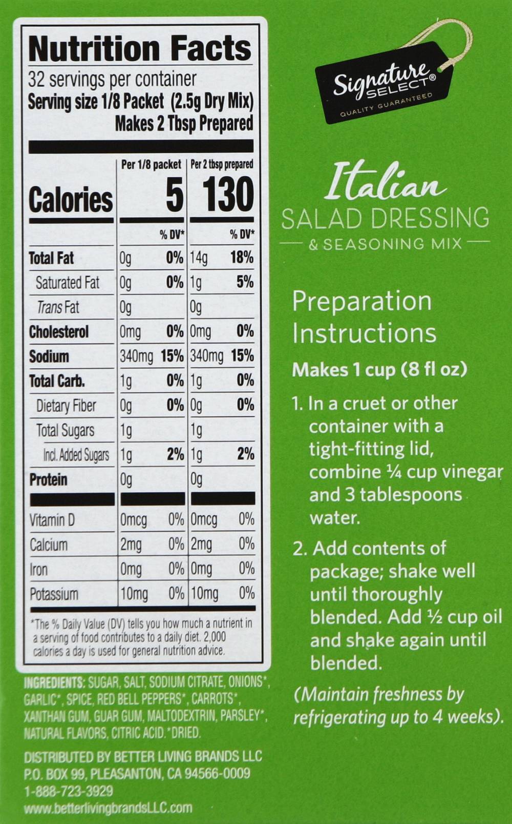 Nutrition Facts Package Italian Dressing Mix Signature Select
