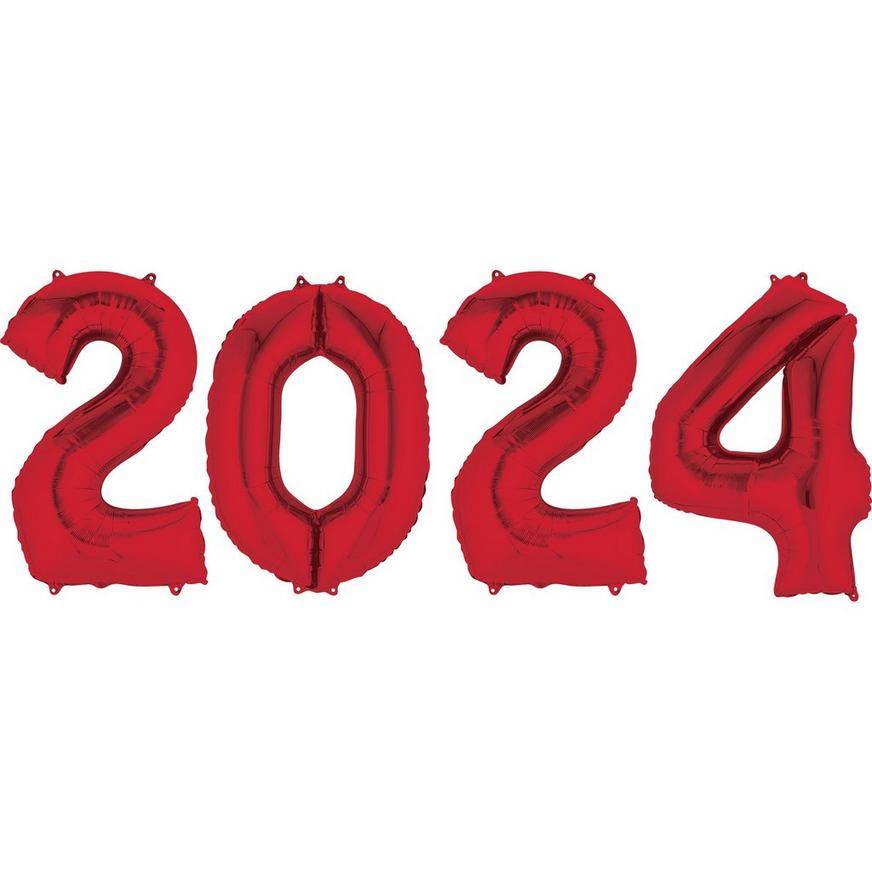 Uninflated Red 2024 Foil Balloon Year, 34in Numbers