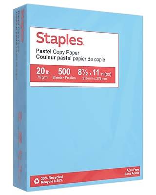 Staples Pastel 30% Recycled Color Copy Paper, 20 lbs., 8.5 x 11, Blue, 500/Ream (14786)