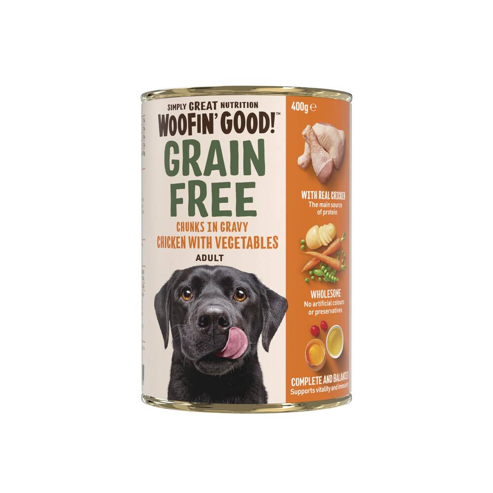 Woofin Good Grainfree Chunks in Gravy Chicken & Vegetables Dog Food 400g