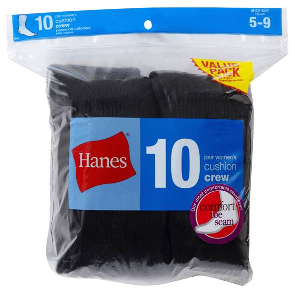 Hanes Women Black Cushion Crew Socks, 10 Pair, Size 5-9