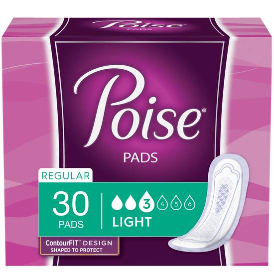 Poise Incontinence Pads, Light Absorbency, Regular, 30 Count