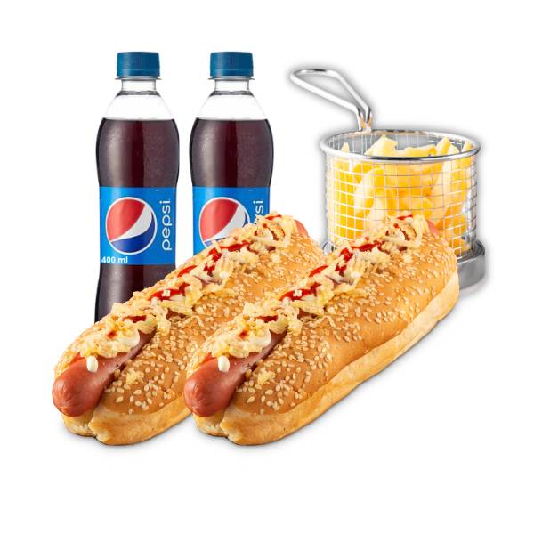 2 Hot Dog De Res Estandar + 2 Pepsi 400 Ml + Papas Fritas