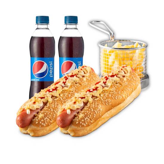 Combo 2 Hot dog + 2 Pepsi 400 ml + Papas Fritas