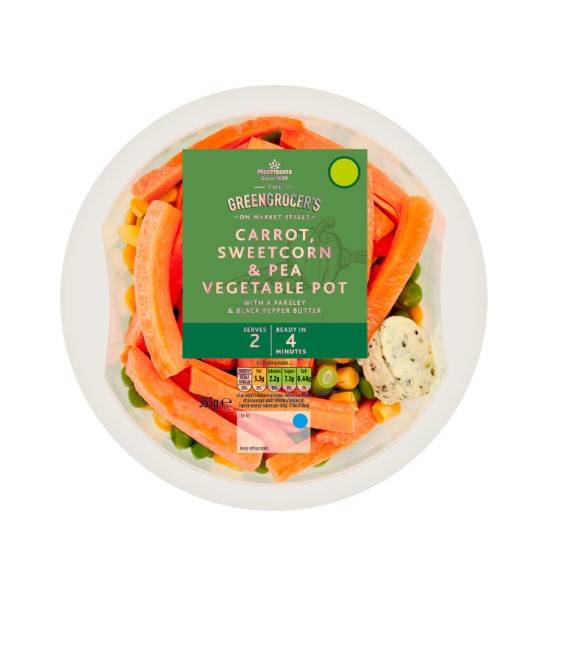 MORRISONS CARROT SWEETCORN & PEAS LAYERED VEGETABLES 355G