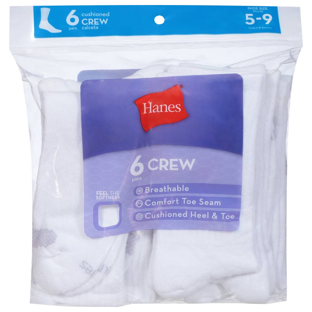 Hanes Crew Cushioned Shoe Socks Pairs, 5-9 , White With Grey Vent (6 ct)