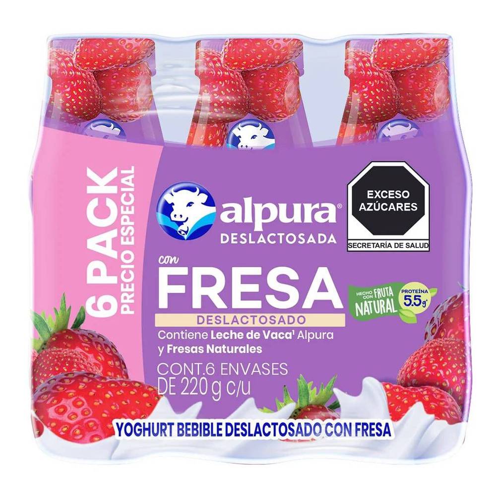 Alpura · Yoghurt bebible deslactosado, fresa (6 x 220 g)