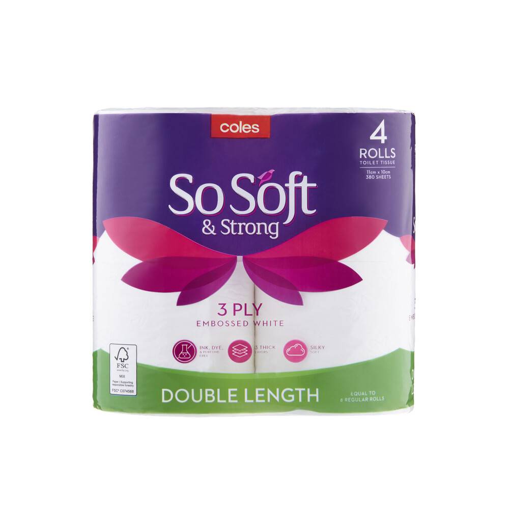 Coles So Soft & Strong 3 Ply Toilet Tissue Double Length 4 pack