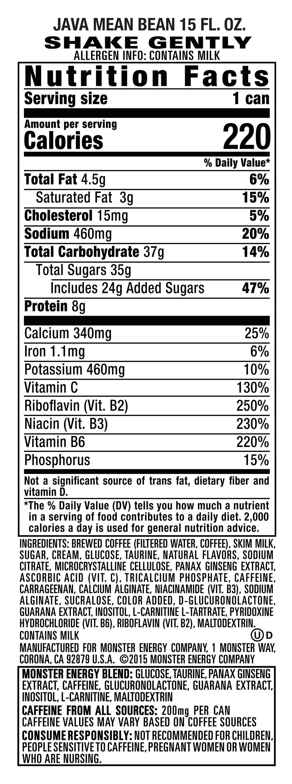 Monster Energy Java Coffee + Energy Drink, Mean Bean (15 fl oz)