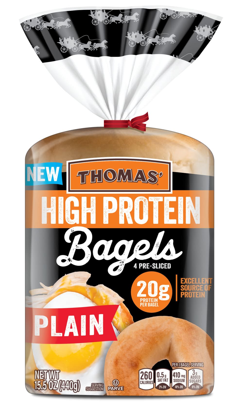 Thomas High Protein Plain Pre-Sliced Bagels (15.5 oz, 4 ct)