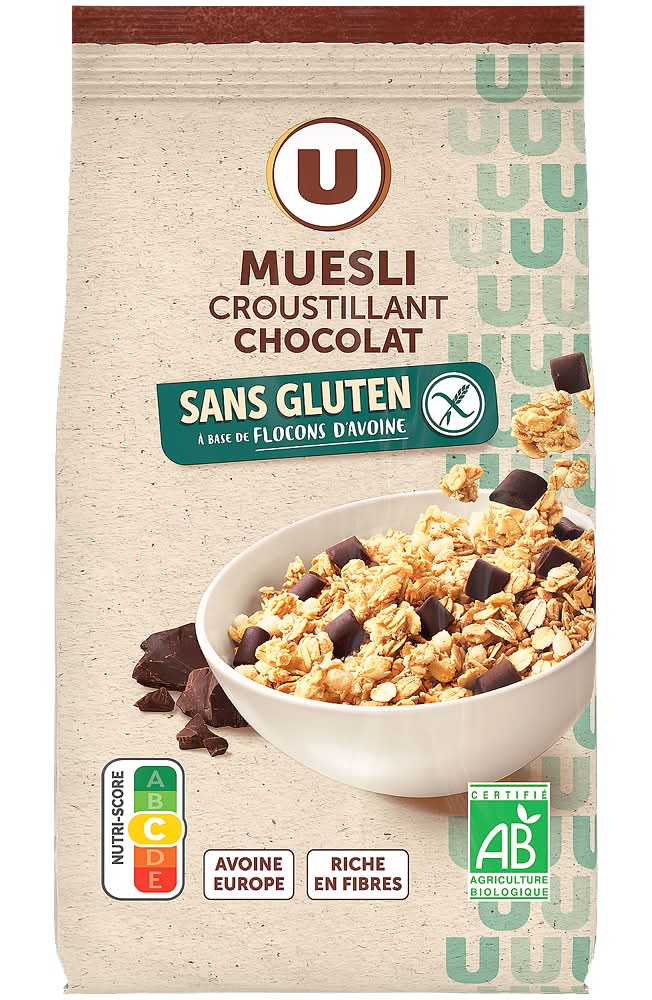 Les Produits U - Céréales muesli croustillant chocolat noir sans gluten (375g)