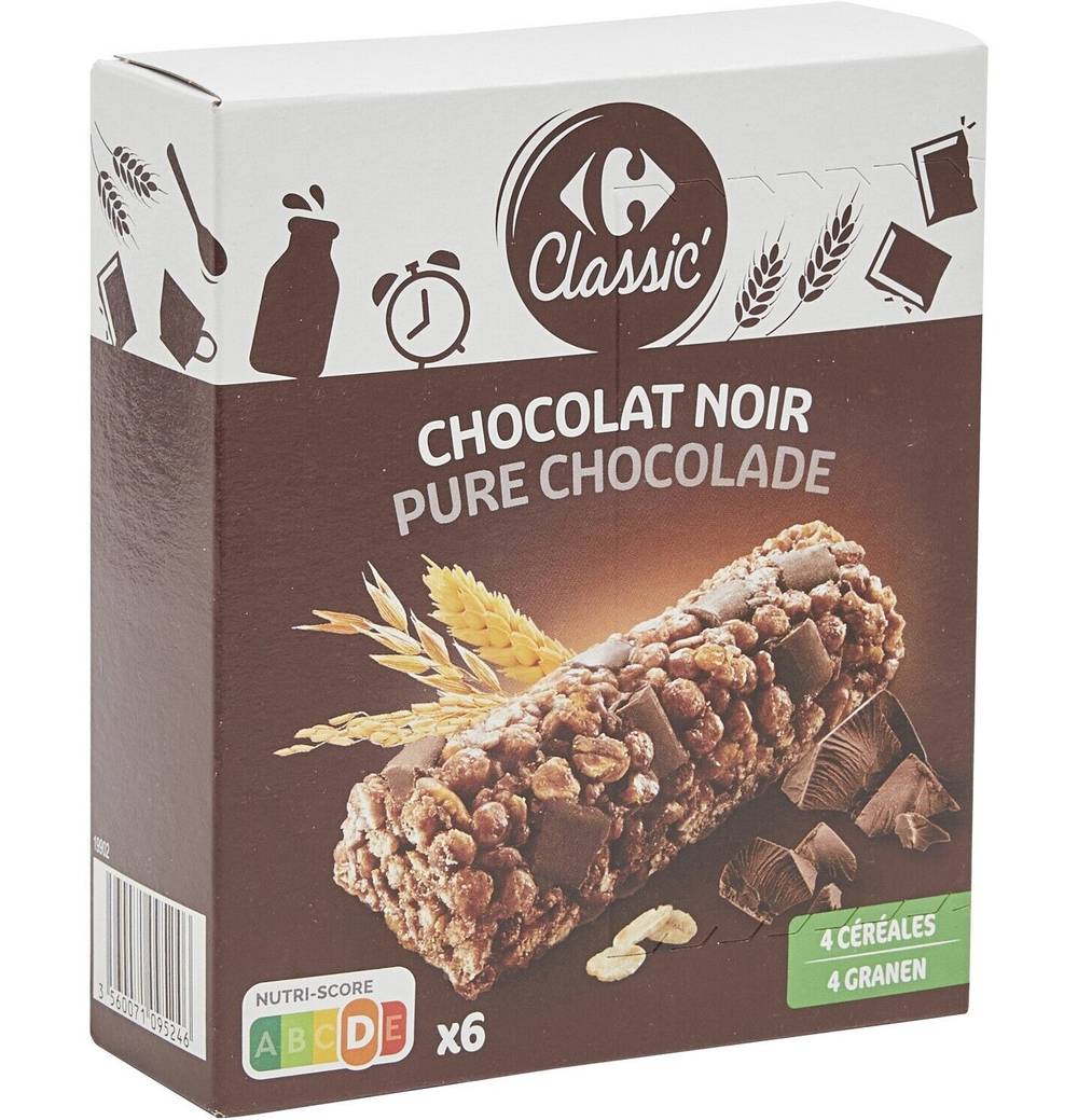 Carrefour Classic' - Barres céréales, chocolat noir (6 x 21g)