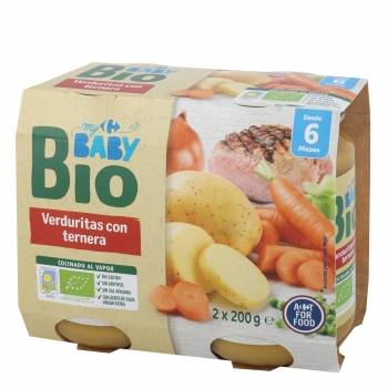 Tarrito de verduritas con ternera desde 6 meses ecológico Carrefour Baby Bio pack de 2 unidades de 200 g