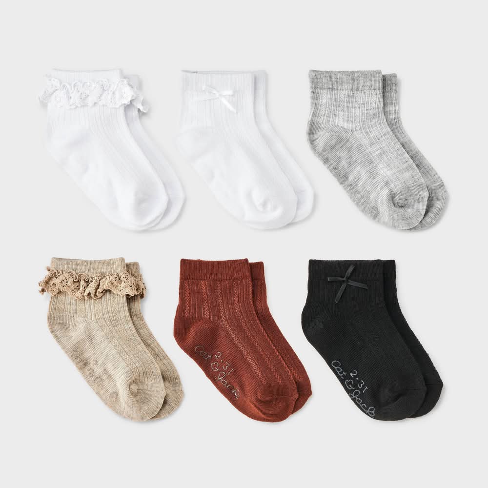 Cat & Jack Toddler Girls Low Cut Ruffle Bow Ankle Socks, 4T-5T (6 ct)