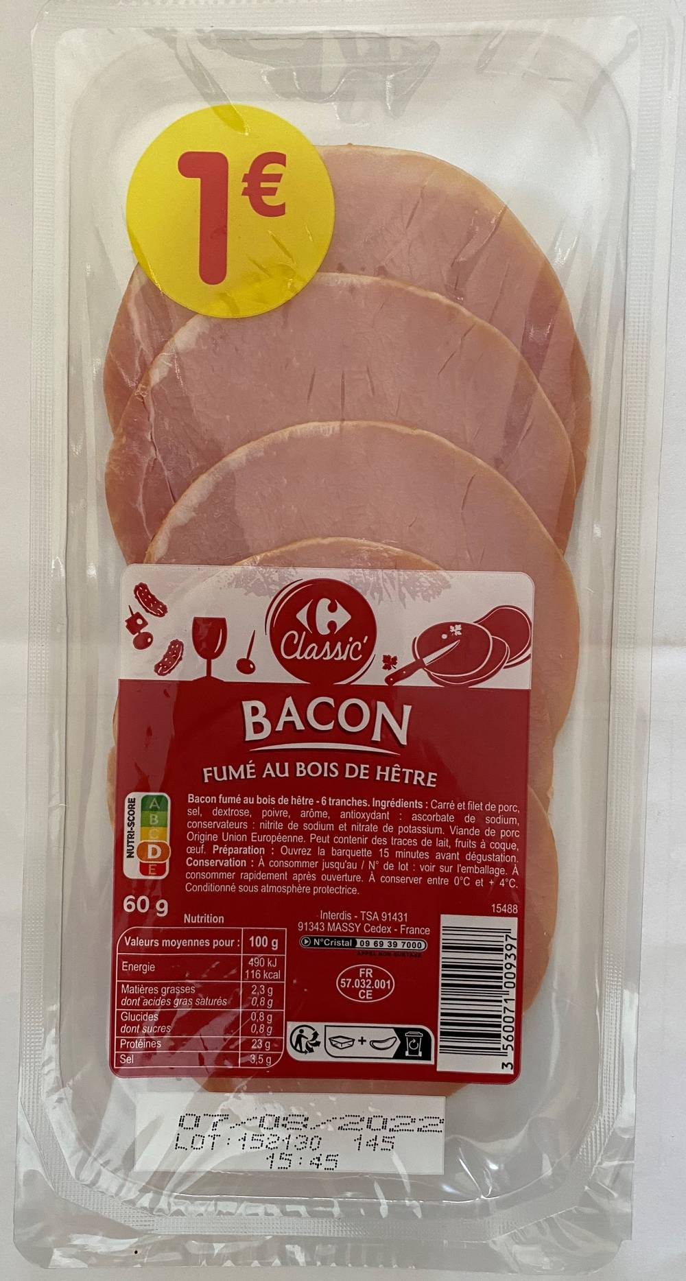 Carrefour Classic' - Bacon fumé (60g)