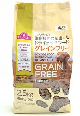 トップバリュ　おなかの健康維持に配慮した　ドライドッグフード　グレインフリー　総合栄養食　成犬用　２．５ｋｇ（５００ｇ×５個入）