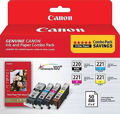 Canon 220/221 Black/Cyan/Magenta/Yellow Standard Yield Ink Cartridge with 50 Sheets 4x6 Photo Paper, 4/Pack (2945B011)