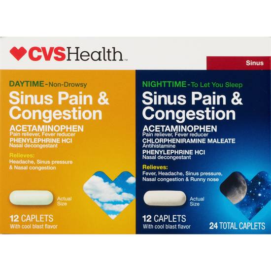 CVS Health Sinus Pain & Congestion Acetaminophen Caplets, Daytime + Nighttime, 24 CT