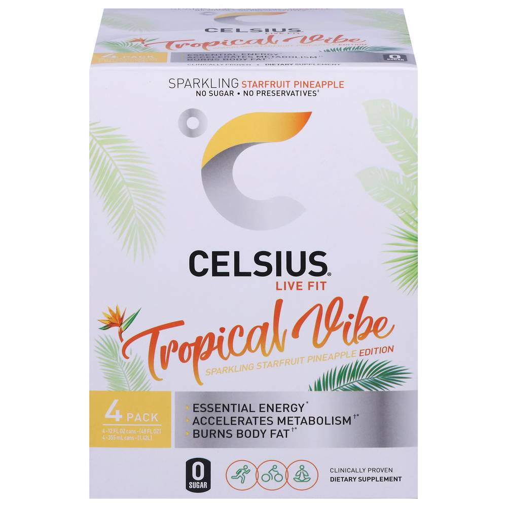 Celsius Tropical Vibe Sparkling Starfruit Pineapple Energy Drink (4 x 12 fl oz)