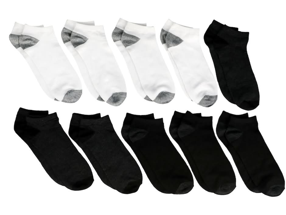 Low Cut Ankle Socks, Men, 6-11, White-Black (10 ct)