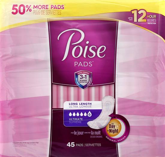 Poise Overnight Long Length Ultimate Absorbency Pads (45 ct)