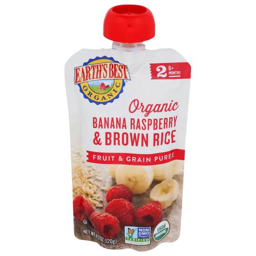 Earth's Best Organic Banana Rasberry & Brown Rice Fruit & Grain Puree Stage 2 Pouch