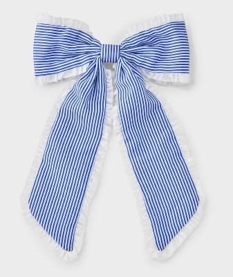 Art Class Girls' Striped With Ruffle Trim Bow Barrette, White/Blue