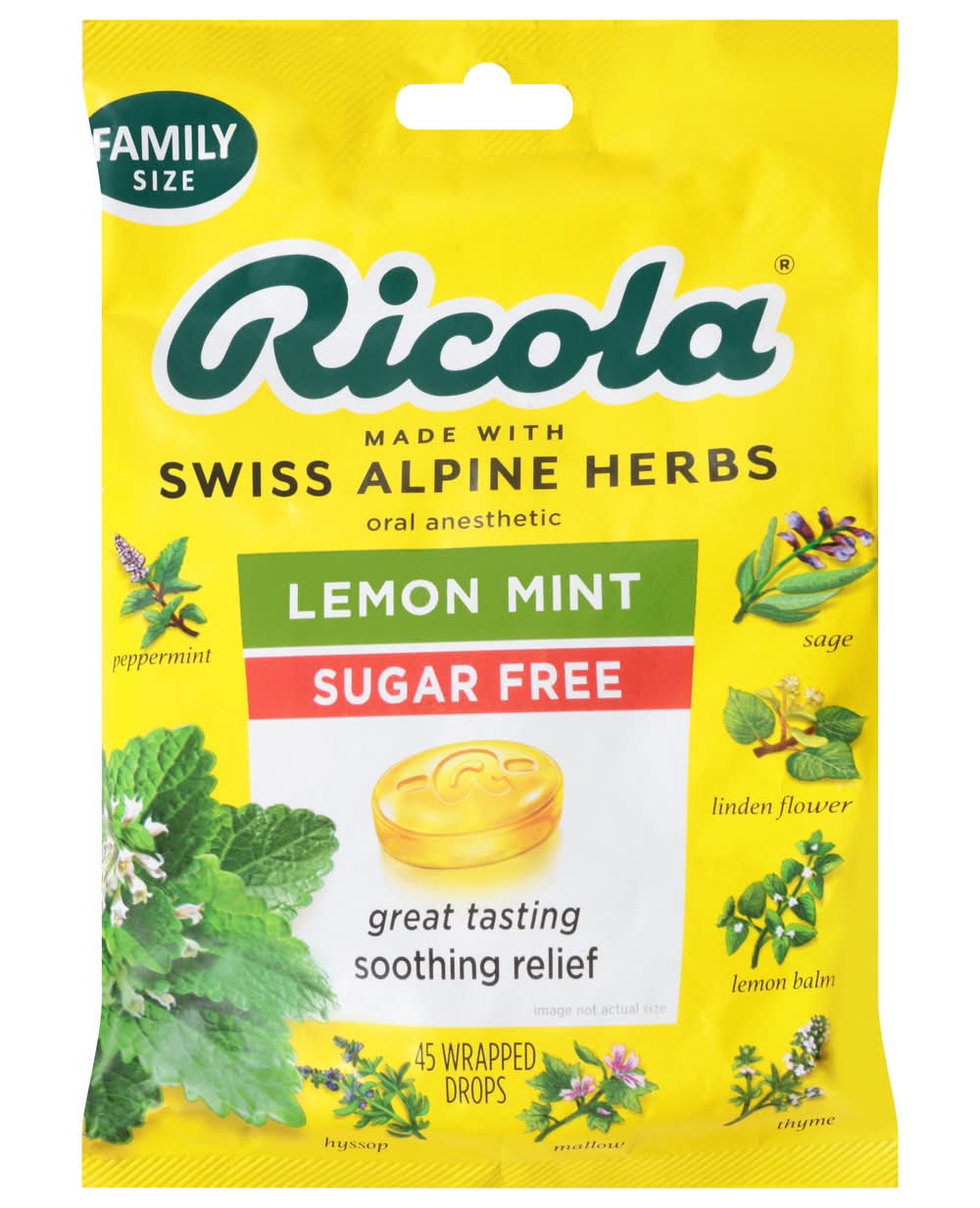 Ricola Sugar Free Herb Throat Drops Oral Anesthetic, Lemon Mint (45 ct)
