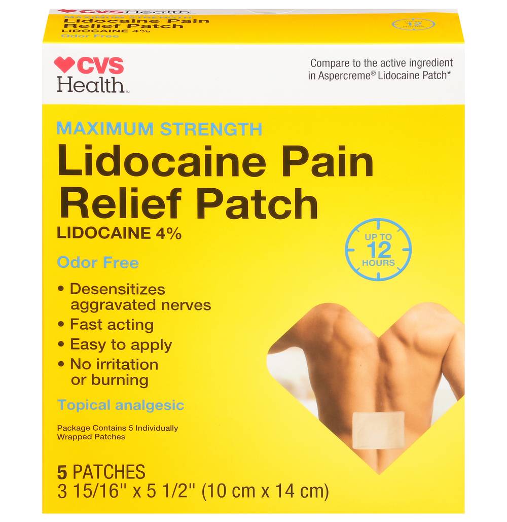 CVS Health Maximum Strength Odor Free Lidocaine Pain Relief Patch, 3.9375 In. x 5.5 In. (5 ct)