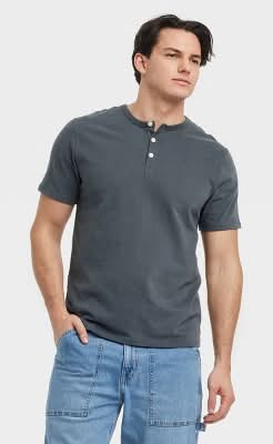 Men's Vintage Short Sleeve Henley Shirt - Goodfellow & Co™ Charcoal Gray M: 100% Cotton, Standard Fit, Midweight Jersey Fabric