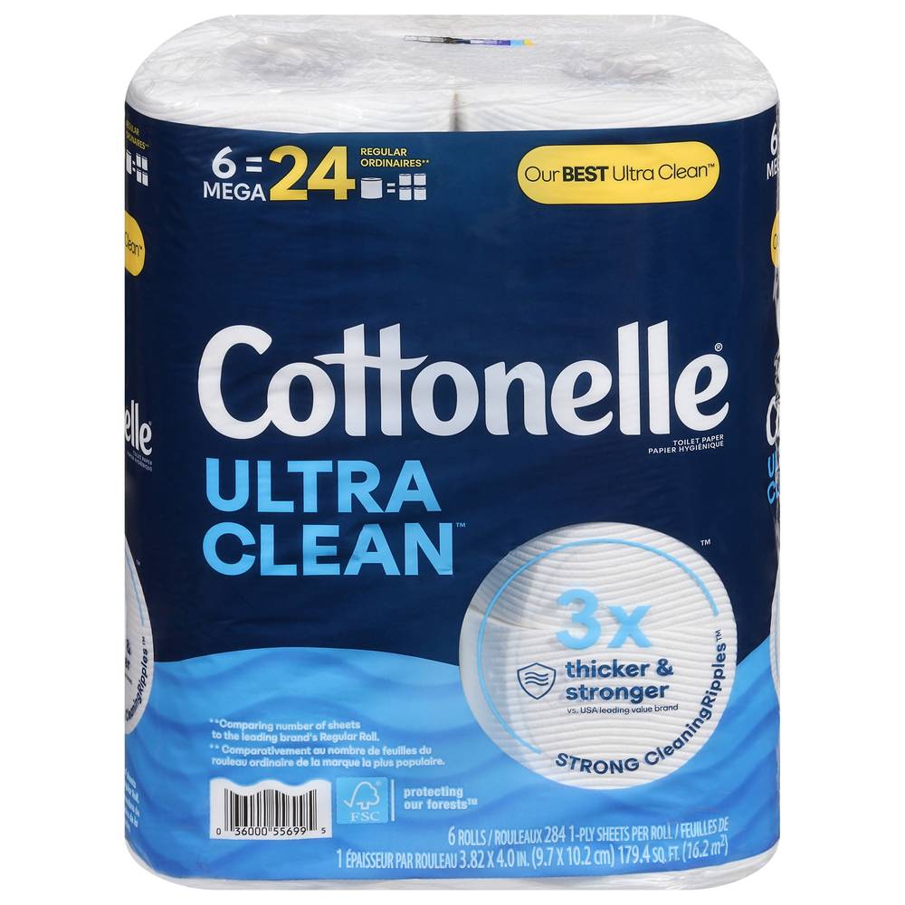 Cottonelle Ultra Clean Toilet Paper, Strong Toilet Tissue, 9.7 * 10.2 cm (6 ct)