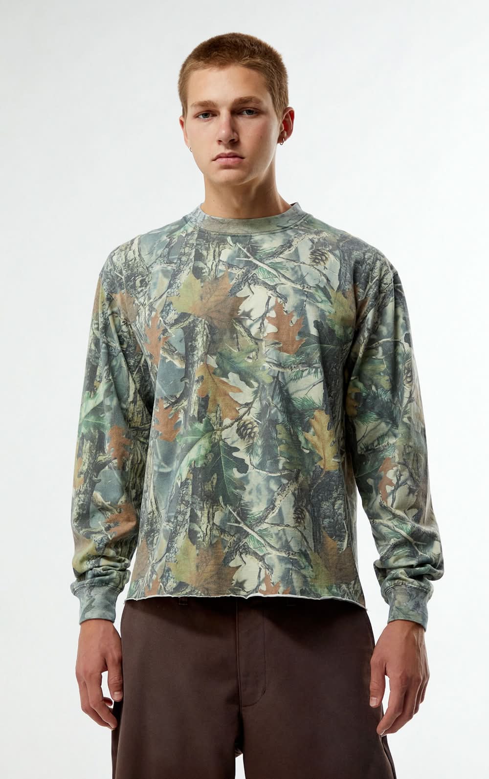 Men's Camo Cropped Long Sleeve T-Shirt Green L
