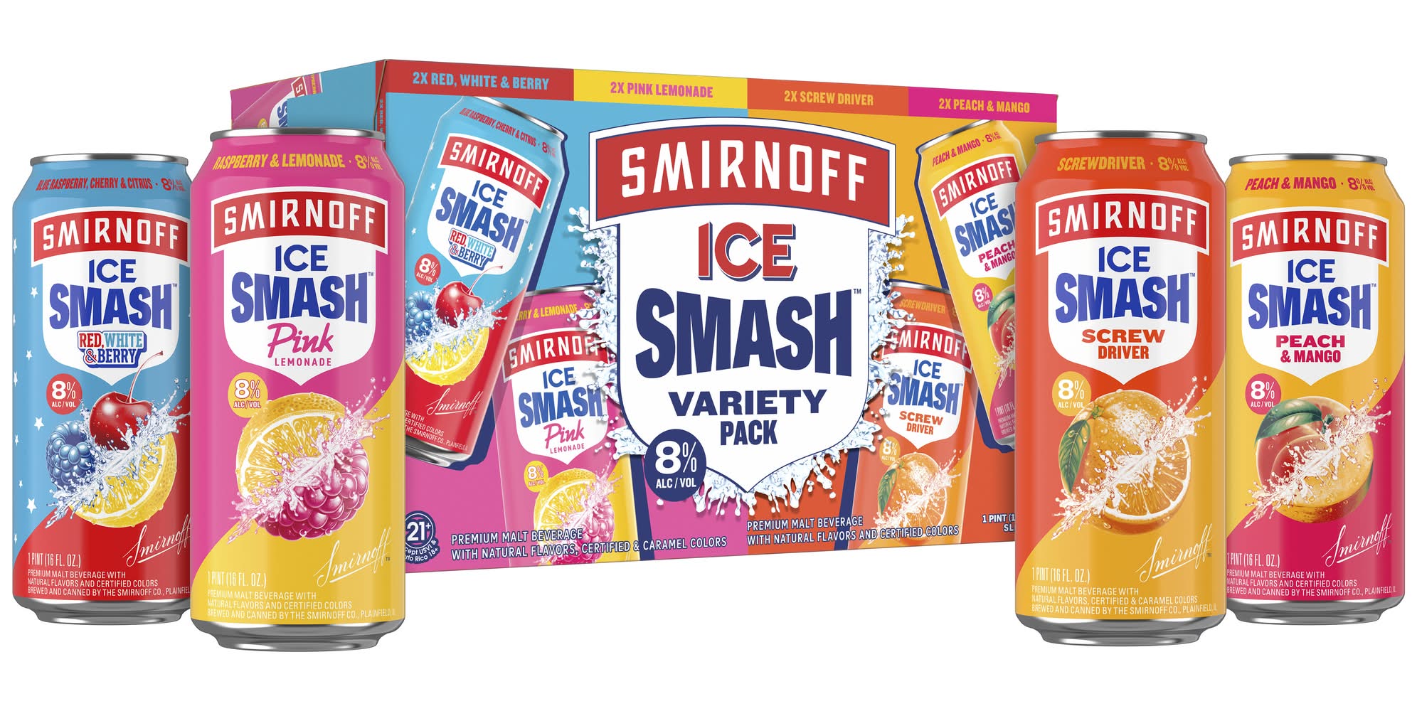 Smirnoff Ice Smash Hard Flavored Beverage Variety, Assorted (128 fl oz, 8 ct)
