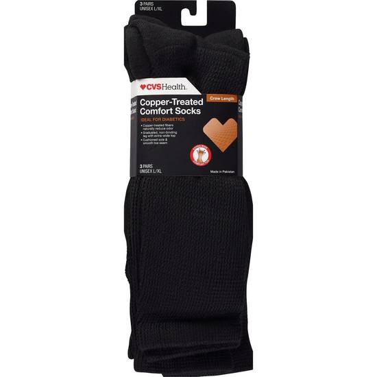 CVS Health Copper-Infused Crew Comfort Socks Unisex, 3 Pairs, Black, L/XL
