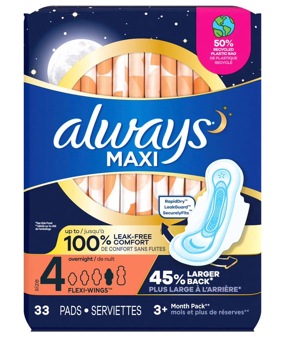 Always Maxi Overnight Absorbency Pads With Wings Jumbo pack, 4 (33 ct)