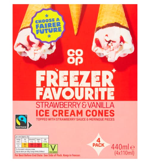 Co-op Strawberry & Vanilla, Freezer Favorite Ice Cream Cones (4 x 110ml)