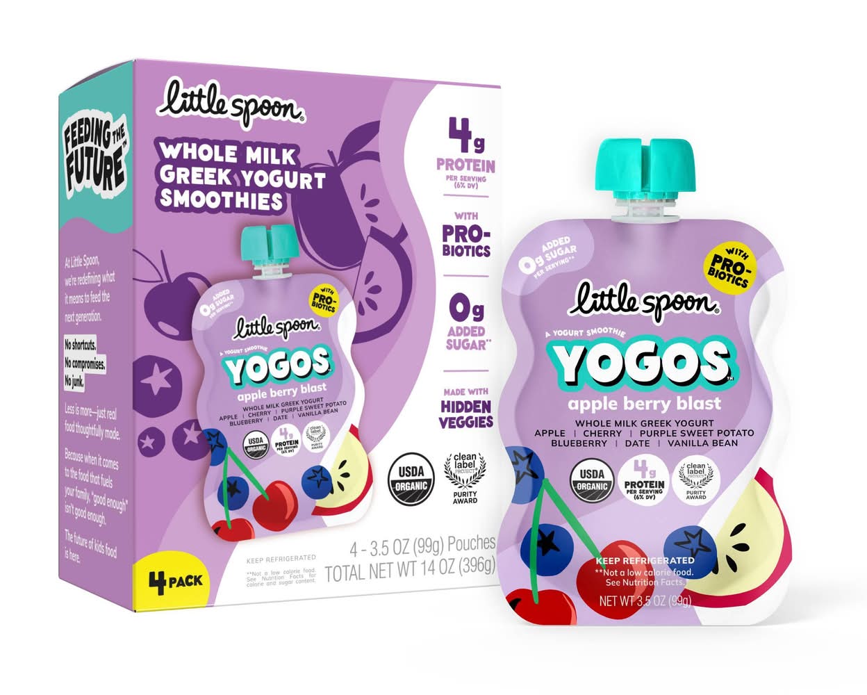 Little Spoon Organic Whole Milk Kids Greek Yogurt Pouches, Apple Berry Blast (4 x 3.5 oz)