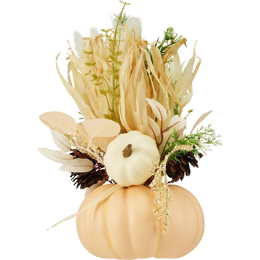 Fall Fest Cream Pumpkin with Pampas, 13 in