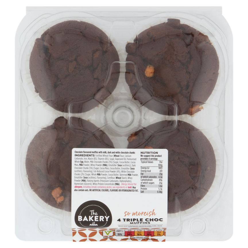 The Bakery at Asda 4 Triple Choc Muffins