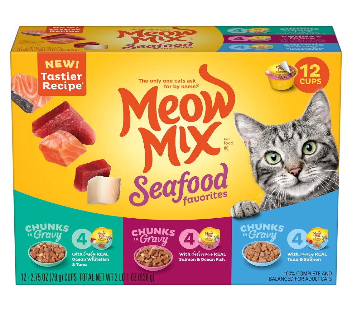 Meow Mix Wet Cat Food Adult - Ocean Whitefish, Tuna, Salmon - Variety Pack, 12 CT, 33 OZ (Flavor: Variety, Color: Assorted, Size: 12 Ct)