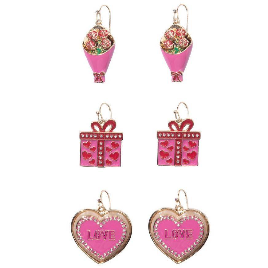 Flowers, Gifts Love Hearts Valentine's Day Earring Set, 3 Pairs