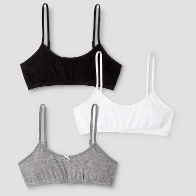 Girls' 3pk Cotton Cami Bra - Cat & Jack™ Gray/White/Black L: Adjustable Strap, Unpadded, Wireless