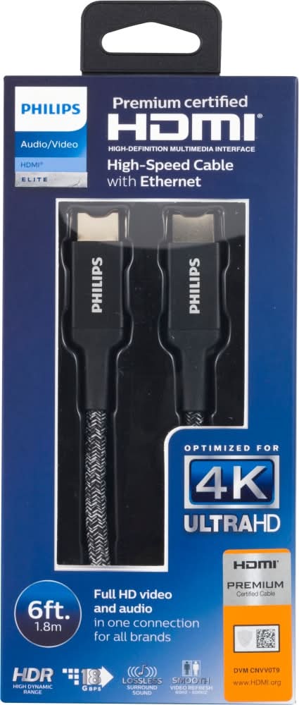 Philips Elite Premium High-Speed Hdmi Cable With Ethernet Braided, 6 ft, Black