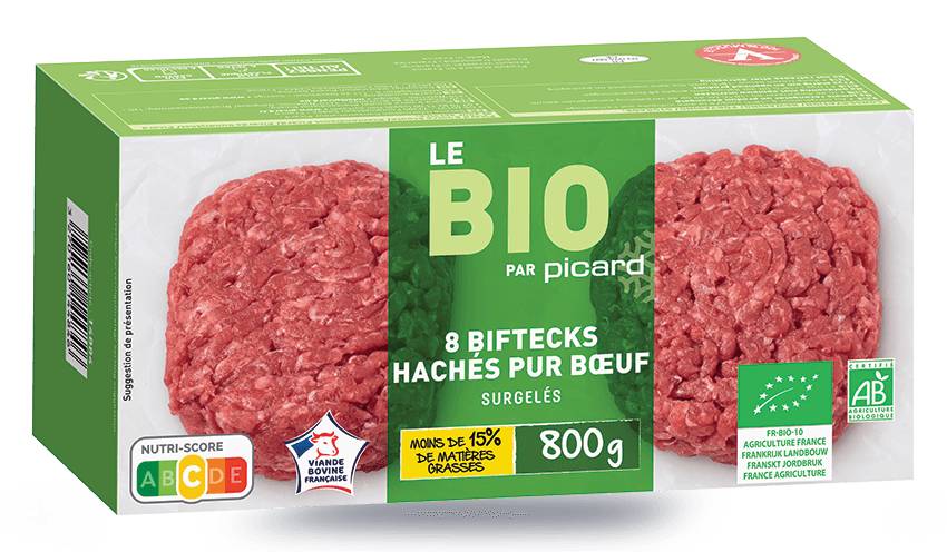 8 biftecks hachés bio, pur boeuf, 15% M.G maximum